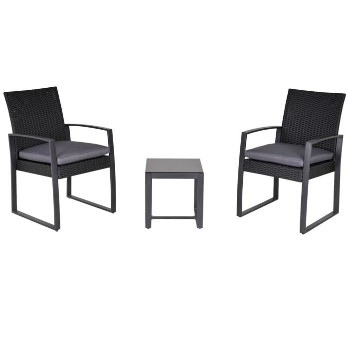 Salon de jardin 2 places - 3 pièces 2 chaises avec coussins gris + table basse - résine tressée 4 fils imitation rotin noir