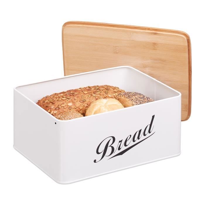 Relaxdays Boîte à pain couvercle bambou, caisse en métal, design rétro, Bread, rangement, 14 x 30,5 x 23,5 cm, blanc