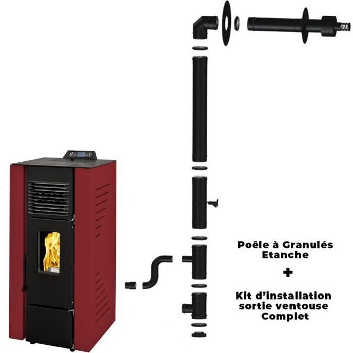 Poêle à granulés étanche Anita 9 kW Bordeaux Sannover + Kit d'installation Complet