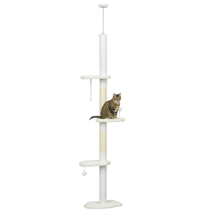 Meilleurs prix pour Arbre à chat réglable en hauteur 225-255 cm - tour pour chat 3 griffoirs nuages, 2 balles - blanc