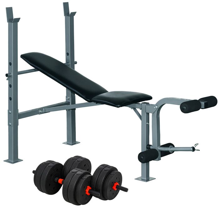 Lot de banc de musculation et haltères courtes total 25 Kg HOMCOM dossier réglable haltères à poids réglable barres incluses