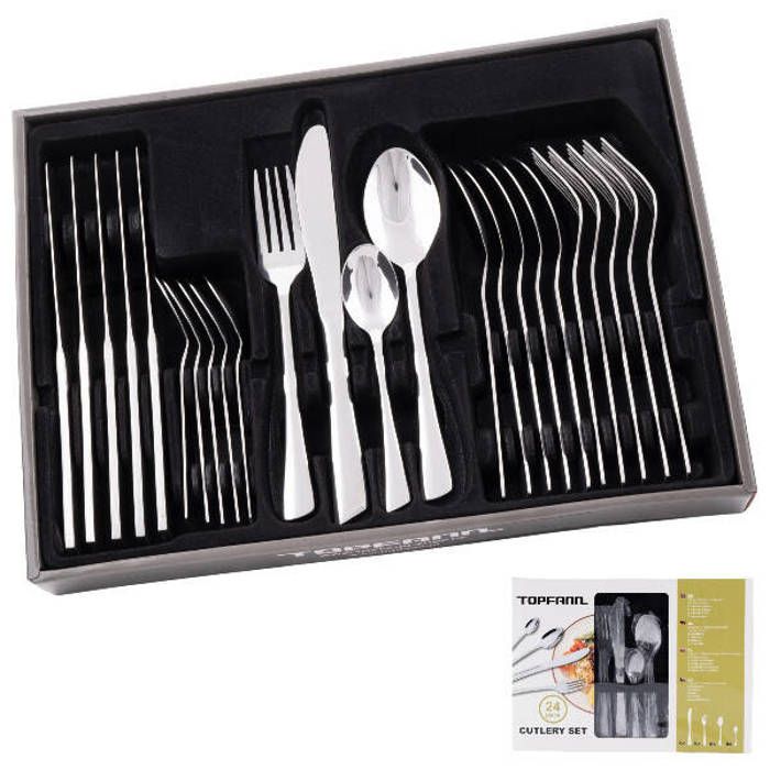24 Pièces Ensemble de Couverts de Table Ménagère en Acier Inoxydable Pour 6 Personnes Set de Couverts Inox