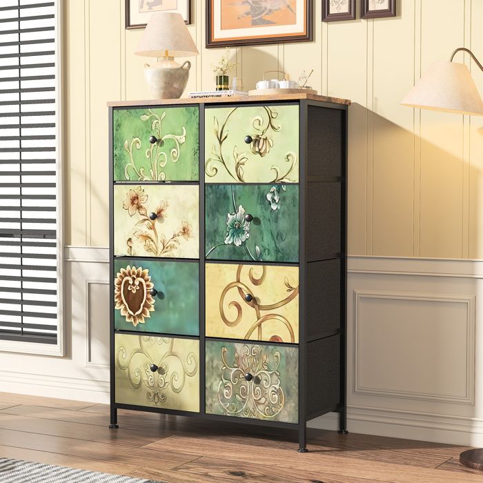 Commode de chambre - 8 tiroirs - style rétro- Armoire Commode de rangement-67.5 x 30 x 100 cm - Bois