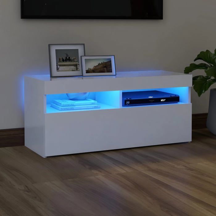 Meuble TV avec lumières LED-Banc TV à LED blanc 90x35x40 cm 349380