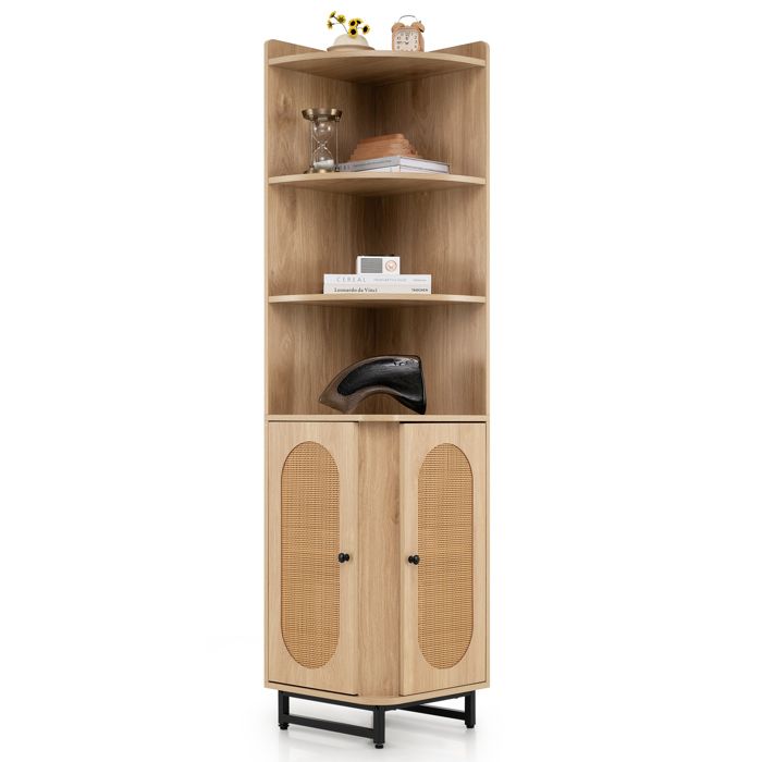 COSTWAY Commode de Chambre en Rotin PE avec 2 Portes 4 Etagères Ouvertes Patins Réglables pour Salon Cuisine Chambre Nature COSTWAY Commode de Chambre en Rotin PE avec 2 Portes 4 Etagères Ouvertes Patins Réglables pour Salon Cuisine Chambre Nature