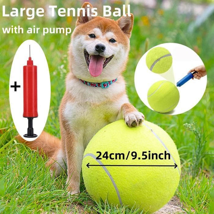 Meilleurs prix pour Balle de tennis géante pour chien 24cm + pompe – Jouet interactif résistant pour animaux entraînement et jeu
