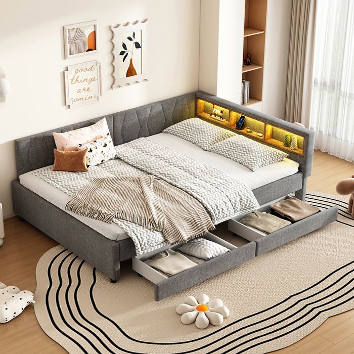 Lit Banquette Canapé-lit 140x200 cm avec rangement latéral USB/Type-C LED télécommandée 2 tiroirs sommier à lattes Gris Lit Banquette Canapé-lit 140x200 cm avec rangement latéral USB/Type-C LED télécommandée 2 tiroirs sommier à lattes Gris
