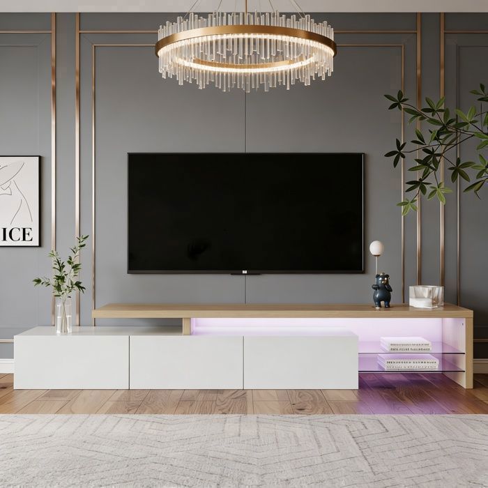 Meuble TV Blanc Élégant meuble TV bas Espace de rangement pratique Aspect bois Étagères en verre Éclairage LED 200 cm