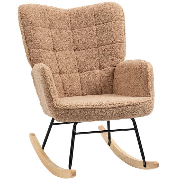 Fauteuil à bascule - HOMCOM - revêtement effet laine bouclée - structure en acier - pieds en bois massif - marron