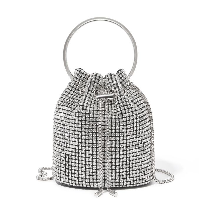 Bucket Bag - MISS LULU - Sac à main soirée - Perles & strass - Bandoulière chaîne - Imperméable argenté
