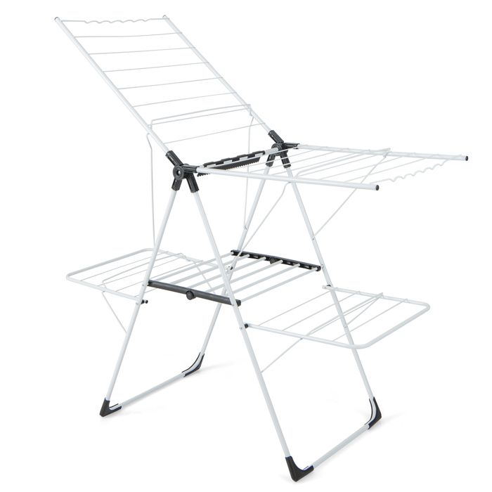 GIANTEX Séchoir/Étendoir à Linge Pliable à 2 Niveaux - Ailes Réglables en Hauteur - Pinces à Chaussettes - Cadre en Acier - Blanc