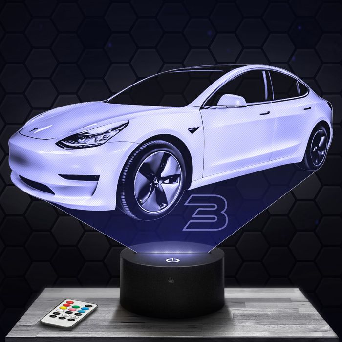 Lampe 3D - Tesla Model 3 - Jouet Miniature Cadeau Tesla Model 3 - Veilleuse Led Tactile avec socle au choix et télécommande
