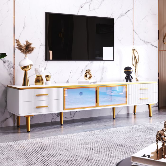 Meuble TV Luxueux Marbre Et Verre Brun 4 Tiroirs 2 Portes Éclairage LED Cadre Aluminium Doré 170x37x47.5cm