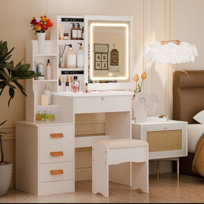 Coiffeuse avec miroir lumineux réglable - FIANAO - 4 tiroirs verrouillables + étagères multifonctions - Blanc - 80x40x135cm