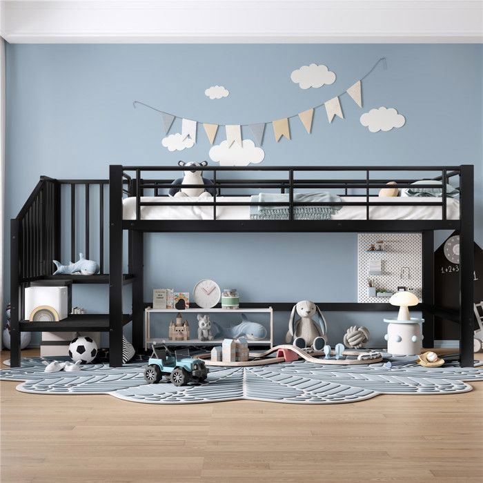 Lit Mezzanine 1 Place Enfant 90x200 Métal avec Escalier Rangement Rampe et Barrière de Aécurité Espace Sous Le Lit pour Ado Noir
