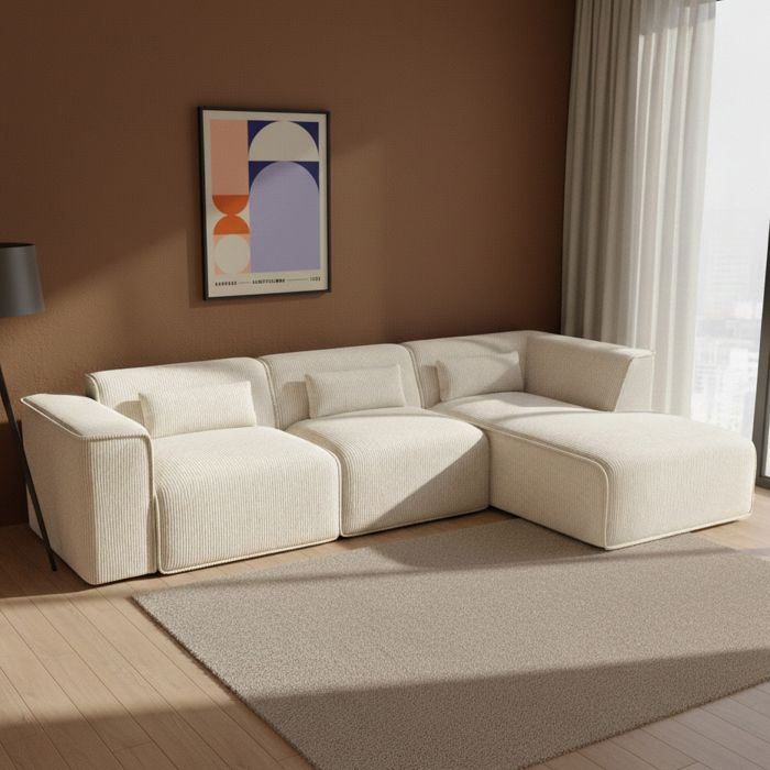 Canapé dangle droit fixe NUNA 5/6 places velours côtelé beige