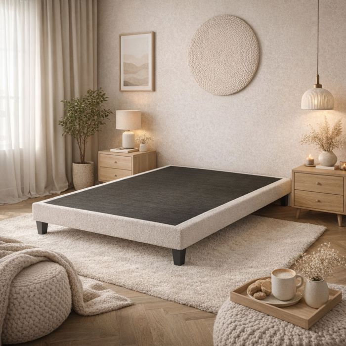 Sommier déco tapissier en tissu bouclette Nuage 140x190 Gris Baltique - Gris clair - Garantie 5 ans - Someo Sommier déco tapissier en tissu bouclette Nuage 140x190 Gris Baltique - Gris clair - Garantie 5 ans - Someo