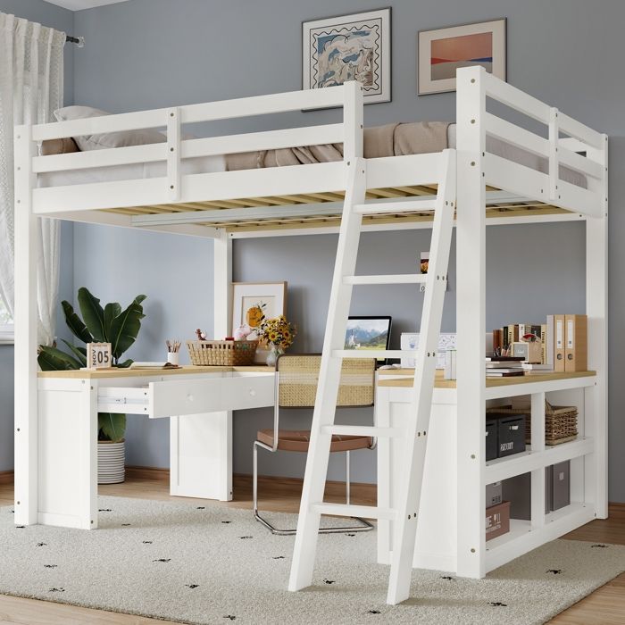 Lit mezzanine - table longue en forme de U - pin + MDF + PB + contreplaqué - blanc + naturel -140x200cm