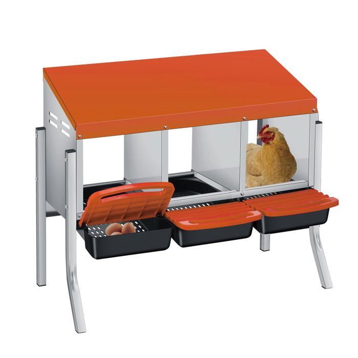 Comparer les prix de Pondoir pour Poules Nichoirs sur pied 3 cases avec perchoir antirouille et Triple bac de recyclage des œufs-Orange