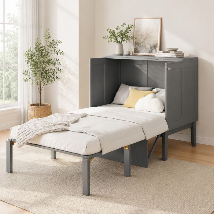 Maisentiel Lit escamotable vertical 90 x 200 cm gris avec sommier à lattes rangement sous lit