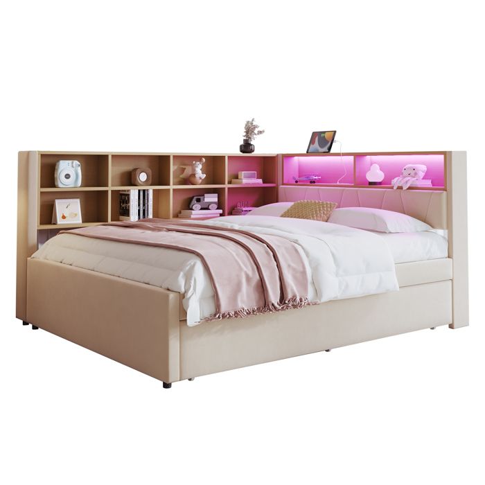 Lit Gigogne 140x200 cm Lit enfant/Ado avec Lit 90x190 cm Coulissant et Éclairage LED - Tissu Beige - Sans Matelas
