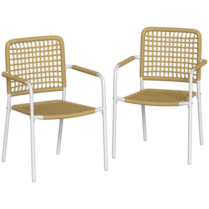 Chaise de jardin - Outsunny - lot de 2 empilable avec accoudoirs et dossier pour terrasse balcon - métal résine tressée - jaune