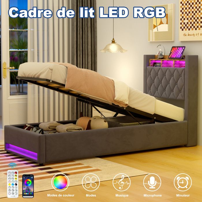Lit Coffre 90x190 Cm Capitonné En Velours Gris Foncé - Rangement Hydraulique Avec LED Et Ports USB Intégrés