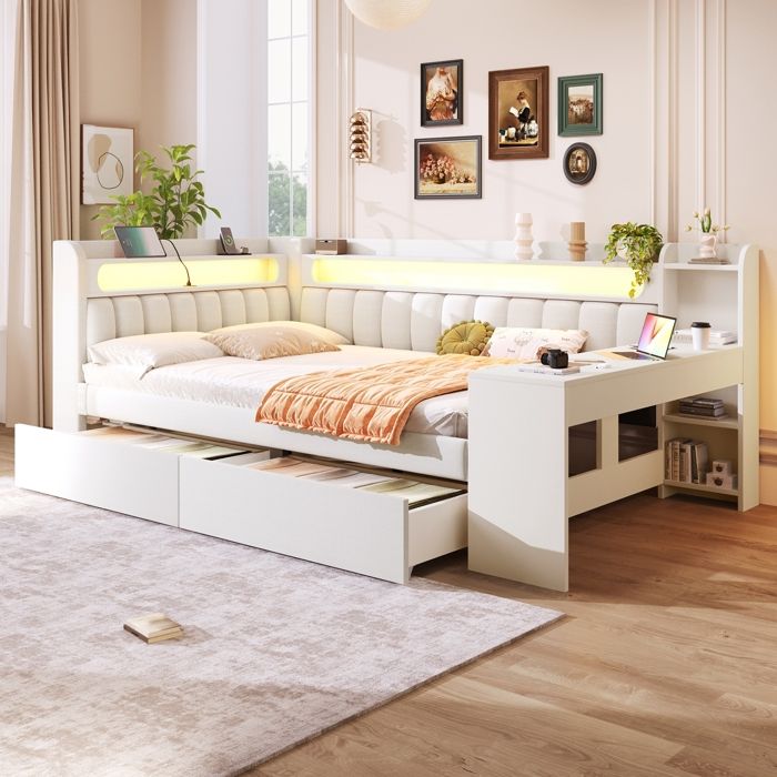 Canapé Lit 140x200 avec Ports USB et Éclairage LED Lit 2 Places avec Bureau et 2 Tiroirs Lit Double pour Enfant AdulteAdosBlanc