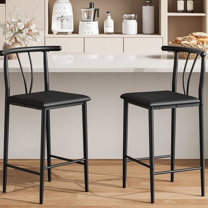 TABOURET DE BAR-Lot de 2 tabourets de bar avec dossier et repose-pieds tabouret cuisine dossier forme U simili-cuir PU noir