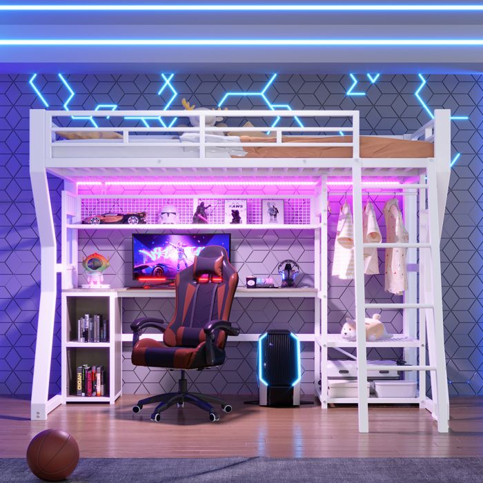 Bladez - Lit mezzanine 90x200 cm lit en fer lit simple avec LED prise penderie bureau et étagères métal - blanc