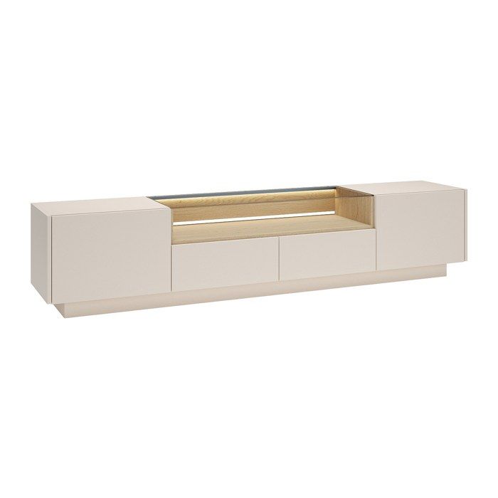 Meuble TV 2 portes 2 tiroirs et 1 niche avec LEDs - Beige et naturel clair - ALIVENTO Meuble TV 2 portes 2 tiroirs et 1 niche avec LEDs - Beige et naturel clair - ALIVENTO
