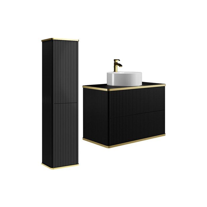 Meuble de salle de bain suspendu strié avec vasque à poser ronde et colonne - Noir - 80 cm - KELIZA