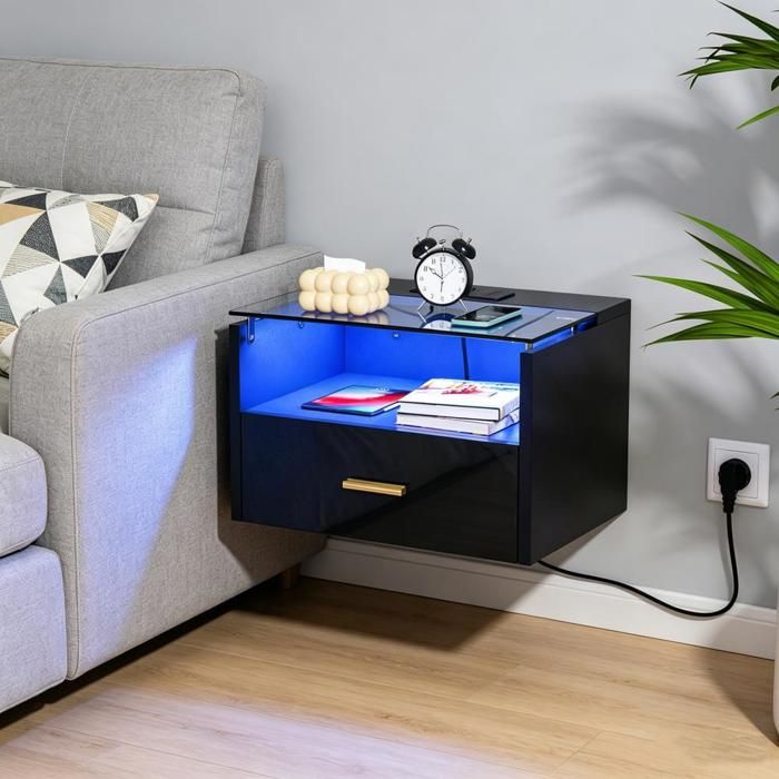 LVHCMFOHM Table de Chevet Murale Noire avec Multiprise LED RGB et Plateau en Verre 42x30x24.5cm Gain de Place au Sol