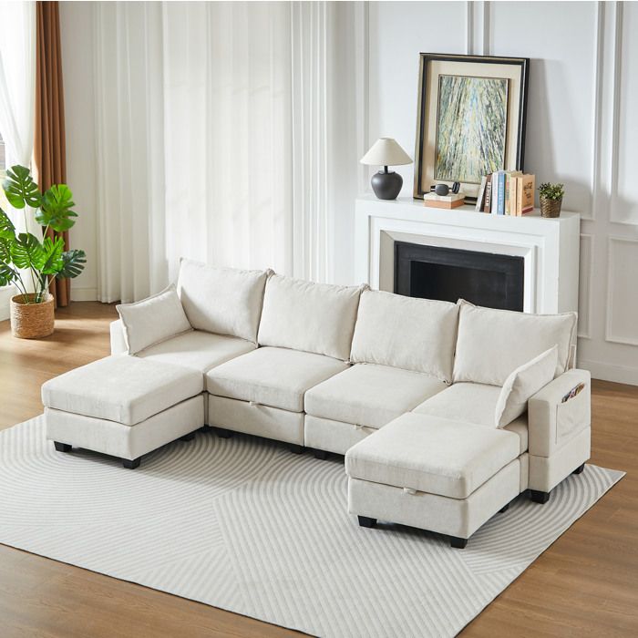Canapé modulable U en chenille pour salon 6 places avec ottomane coffre et chaise longue confortable