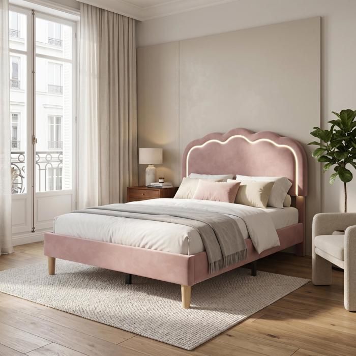 Lit simple rembourré - FURNITURER - FurnitureR 90x190 cm - velours rose - tête de lit réglable - LED multicolore Lit simple rembourré - FURNITURER - FurnitureR 90x190 cm - velours rose - tête de lit réglable - LED multicolore