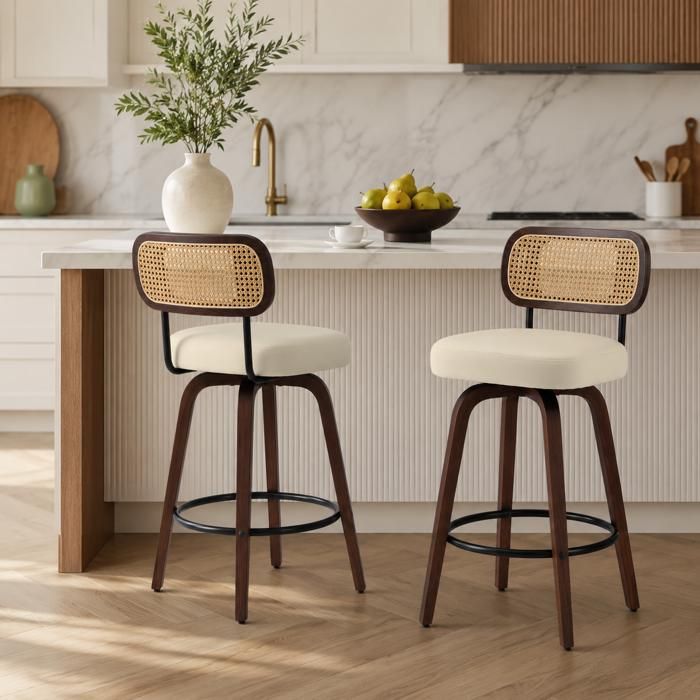 Lot 2 tabourets bar - Zephmum - rotin cannage assise rembourrée noyer pivotant beige