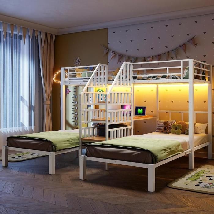 Lit superposé - KOMHTOM - 3 places 90x200 cm - LED intégrée - Bureau intégré - Escalier rangement Lit superposé - KOMHTOM - 3 places 90x200 cm - LED intégrée - Bureau intégré - Escalier rangement
