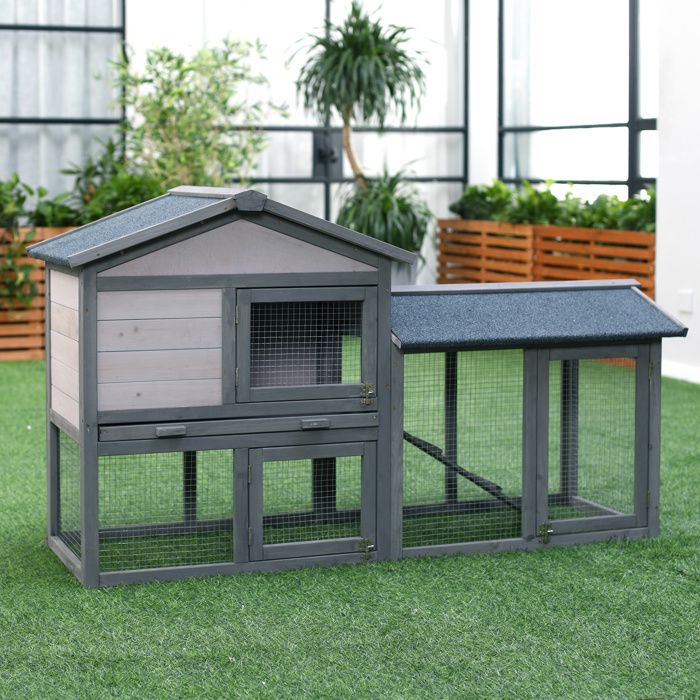 Clapier à lapins en bois 147 x 54 x 84 cm gris foncé toit bitumé résistant aux intempéries rampe et portes verrouillables