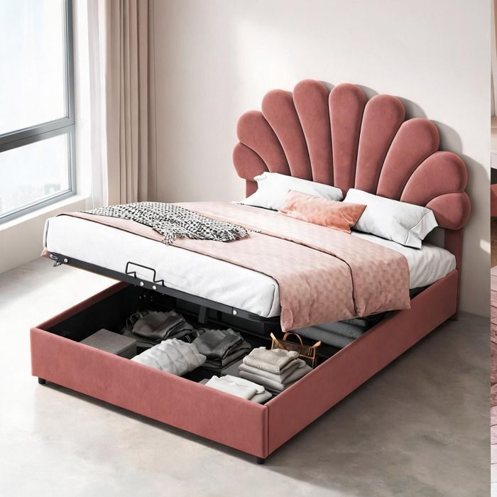 Sommier tapissier double 140x200 cm velours rose avec tête de lit fleurie réglable et rangement hydraulique