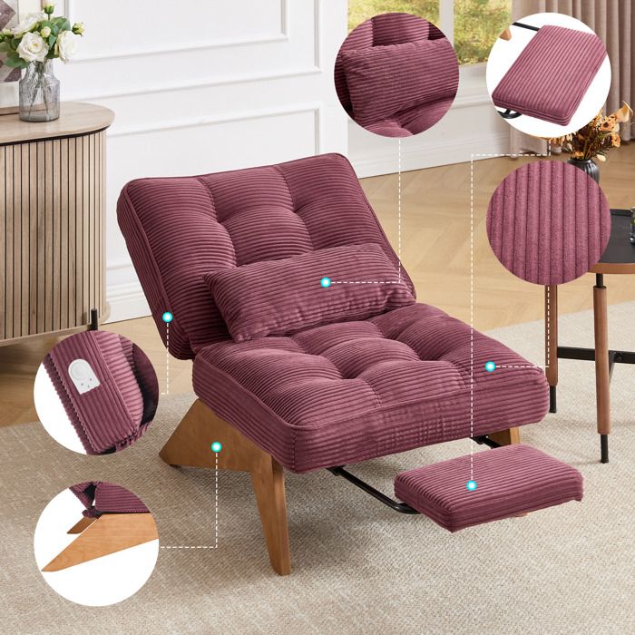 Fauteuil lounge réglable en velours côtelé bordeaux avec repose-pieds extensible coussin lombaire et pieds en bois massif