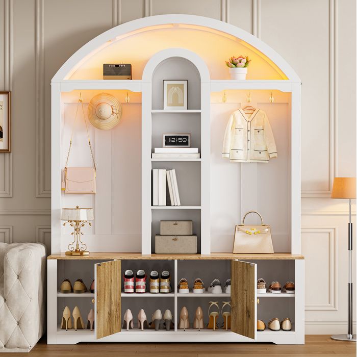 MEUBLIV Vestiaire d’entrée 150 x 40 x 195 cm avec rangement à chaussures 2 portes étagères ouvertes MDF blanc et aspect bois
