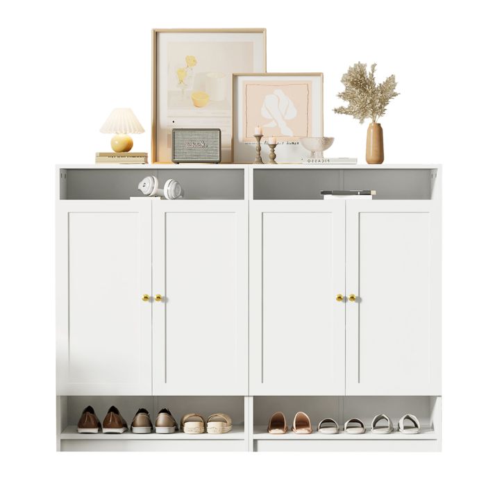 Meuble à chaussures blanc 146x34x109 cm 2 portes étagères réglables poignées dorées rangement moderne Meuble à chaussures blanc 146x34x109 cm 2 portes étagères réglables poignées dorées rangement moderne