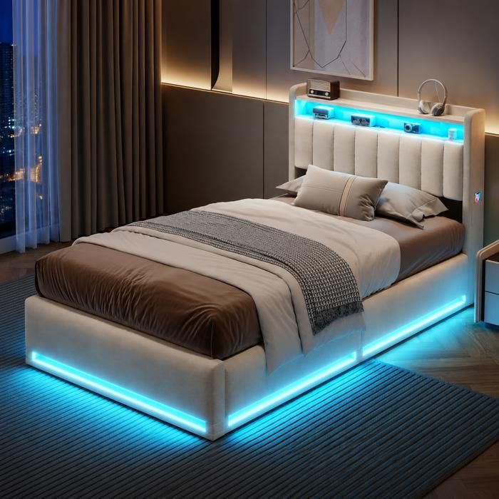 lit capitonné 90x200 lit coffre lit coffre hydraulique led usb lit rembourré avec socle à lattes lit simple avec rangement velours