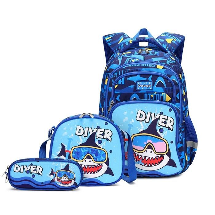 XJYDNCG 3Pcs Cartable Fille Primaire Sac à dos Enfant ScolaireMotif Requin Plongeur42x30x15cmBleu