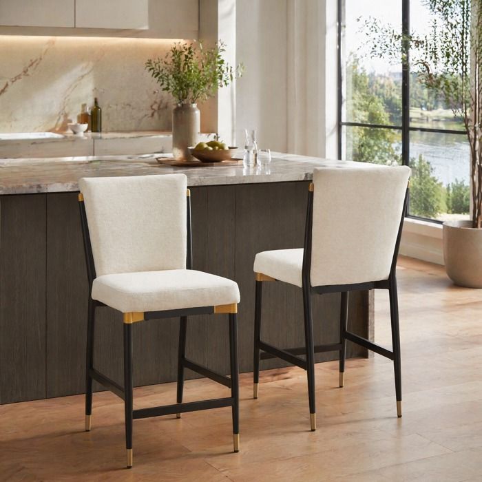 Lot de 2 Tabourets de Bar Hauteur Comptoir Repose-pieds Rectangulaire - HAVRYA - Tissu Beige 49 × 59 × 102 cm