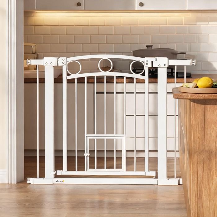 Barrière de sécurité ajustable en métal blanc avec porte pour chat extensible 76-104 x 77 cm