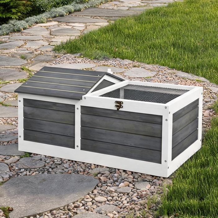 Enclos tortue bois sapin 86x54x43 cm double espace niche abritée et grillage acier