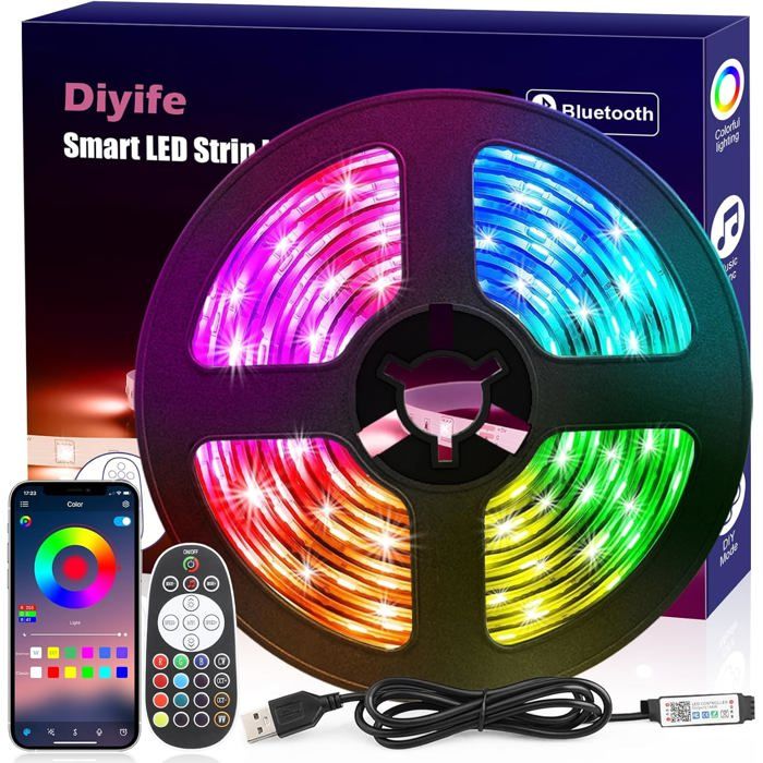Ruban LED 3M [avec Télécommande] 5050 RGB Lumineuse Flexible Multicolore Bande LED Connexion Bluetooth Synchronisation Musique et