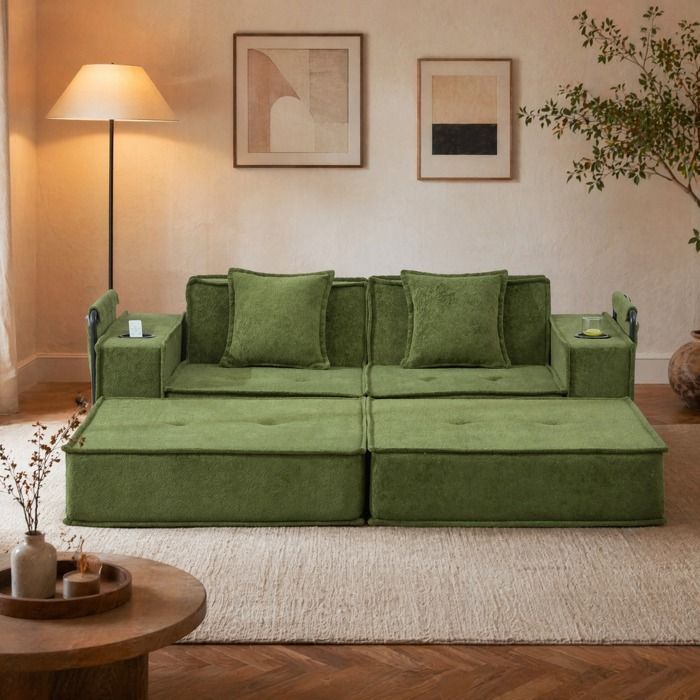 Canapé modulable convertible - ZEVKOR - Modulable convertible 2 places - Chenille - 2 places - Rangement et porte-gobelets