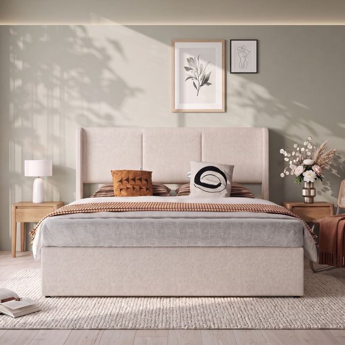 Lit Coffre 160x200 avec Sommier Lit Rembourré Hydraulique avec Tête de Lit Capitonné Lit 2 Personnes pour Adulte & Ado Lin Beige